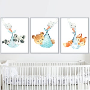 Baby Animals Boy Nursery Art Prints Woodland Wall Decor Fox bear Raccoon Forest Poster set di 3 Kids Room Pictures regalo stampabile digitale