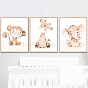 Stampa artistica neutra Safari per bambini, animali della giungla, per bambini, bambine, sala giochi, decorazione da parete, set di 3, giraffa, elefante, scimmia, tela, regalo