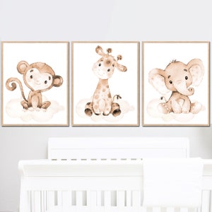 Neutral Safari Nursery Art Jungle Animal Print Baby Boy Girl Room Wall decor Kids set of 3 Giraffe elephant monkey Canvas