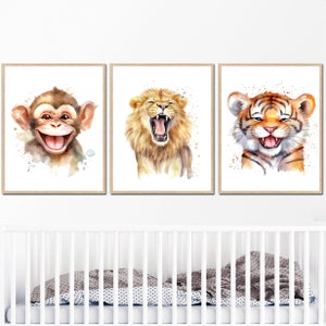 Animales de safari sonrientes, decoración de pared para guardería de bebés, impresiones artísticas divertidas para dormitorio de niños, juego de 3 carteles divertidos de jungla, mono, león y tigre
