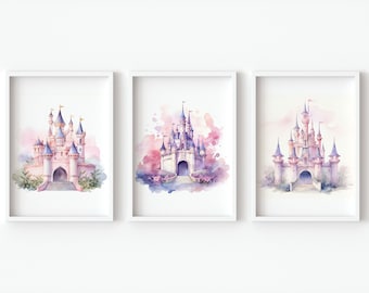 Princess Castle Printable Wall Art Decor Fairytale digital Neutral Nursery gift baby girl bedroom toddler themed set of 3 watercolor poster