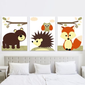 Decorazione per la cameretta dei bambini del bosco, stampe artistiche da parete per bambini, volpe, orso, riccio, set di 3 tele digitali per bambine