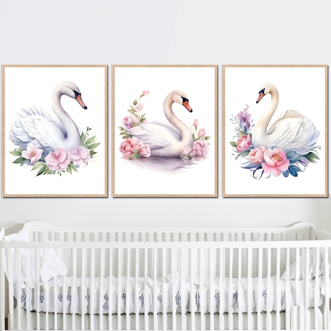 Swan Flowers Prints Wall Art Baby Girl Nursery Decor Floral Kids ...