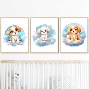 Poster stampabile per la camera da letto dei cani, decorazione da parete per la cameretta dei bambini, immagini neutre per bambini, set digitale di 3 immagini della sala giochi con nuvole