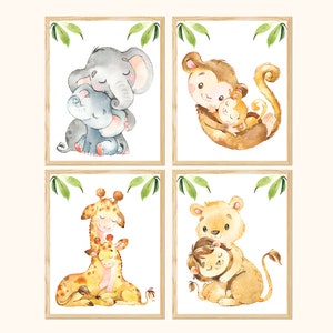 Arte per la cameretta dei bambini, stampabile, decorazione da parete per bambina, giungla, animali, safari, set di 4 per la sala giochi dei bambini, mamma, elefante, scimmia, giraffa, immagini digitali