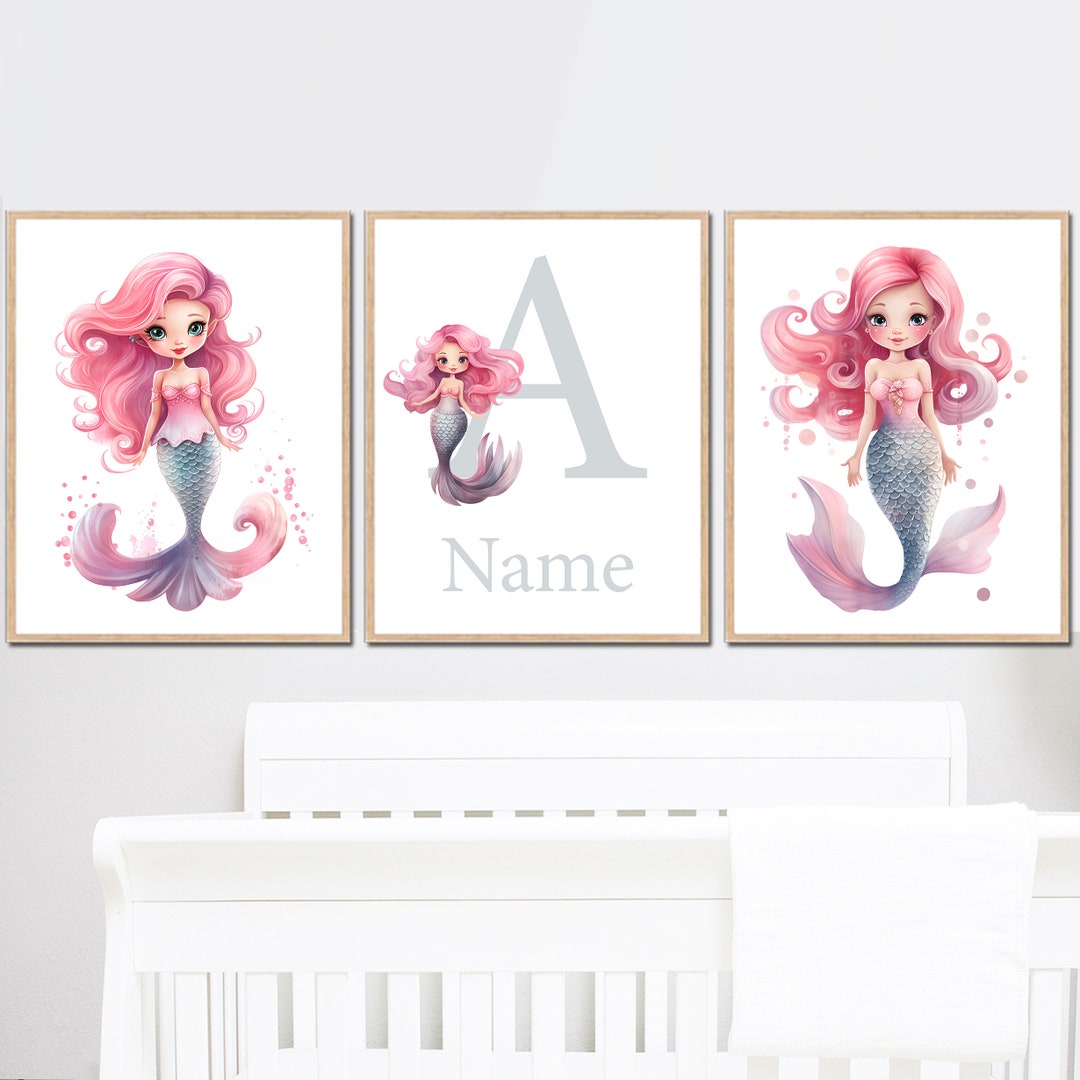 Mermaid Printable Wall Art Personalised Name Baby Girl Nursery ...