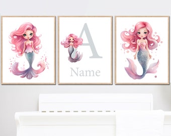 Mermaid Prints Wall Art Personalised name Baby Girl Nursery Decoration Custom Kids bedroom sign poster set of 3 Digital printable gift