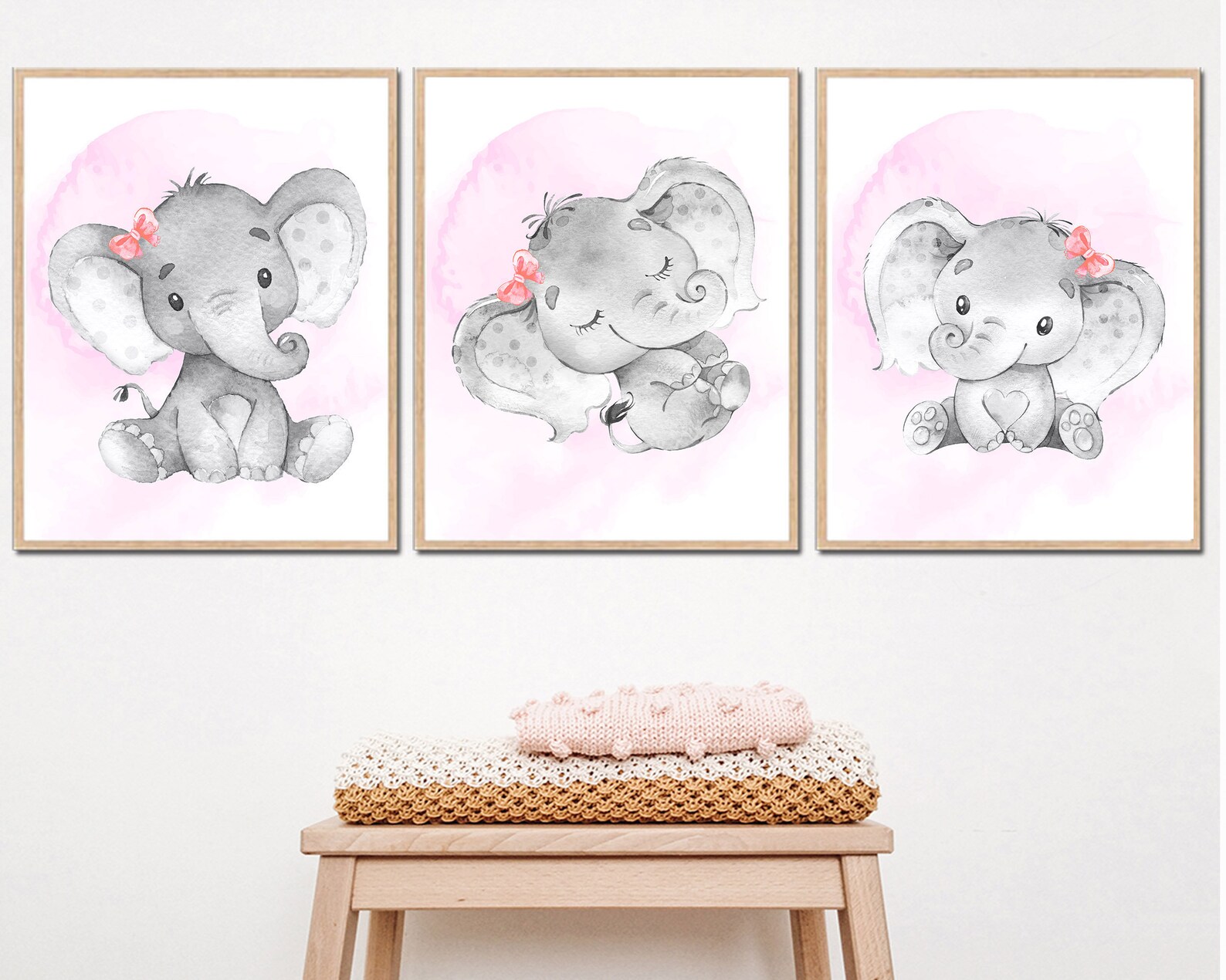 Baby Girl Nursery Decor Elephant Wall Art Printable Kids Playroom Set ...
