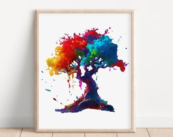 Arbre coloré imprimable numérique abstrait enfants chambre Art chambre d'enfant affiche décoration murale maison téléchargement aquarelle plante