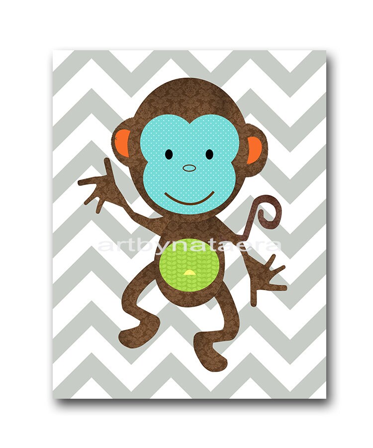 Monkey Nursery Art Nursery Decor Baby Boy Nursery Wall Art Etsy