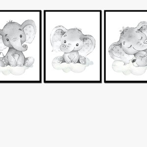 Elephant Wall Decoration Baby Boy Nursery Art Prints set of 3 for Kids Room Children posters Neutral Theme Printable digital gray image 4