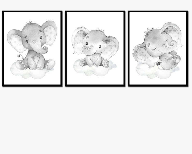 May include: Set of three black and white watercolor illustrations of elephants sitting on clouds. Each elephant has a different expression.