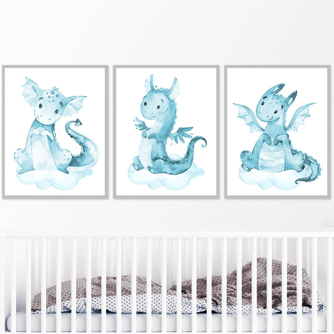 Baby Boy Nursery Decor Dragon Prints Wall Art Kids Playroom Set of 3 ...