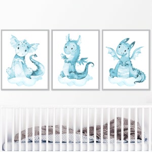 Decorazioni per la cameretta dei bambini, stampe di draghi, set di 3 quadri da parete, tele acquerelli, adesivi digitali, poster per bambini, regalo per bambini