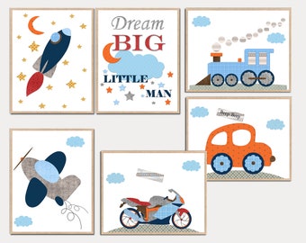 Lot de 6 citations pour chambre d'enfant, impression d'art mural pour enfants, décoration de chambre d'enfant, gris bleu orange rouge, voiture, train fusée, cadeau de douche