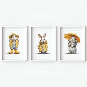 Decorazione murale per cameretta dei bambini, coniglietto, stampabile, per camera da letto di bambine e bambini, poster di genere neutro, set di 3 immagini digitali per bambini, colore giallo