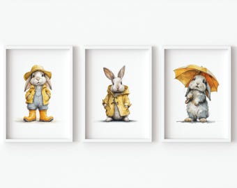Väggkonst för barnrum med kanin, utskrivbar kanin, flicka, pojke, sovrumsdekor, könsneutral, poster, barn, set med 3 digitala barnbilder, gul