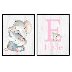 Elefante niña vivero pared arte imprimible personalizado nombre del bebé inicial personalizado niños carta niño habitación mamá madre conjunto de 2 gris rosa digital