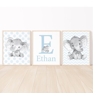 elefante Nome personalizzato per neonato Iniziale stampabile Decorazione murale Arte per la cameretta dei bambini Set di 3 immagini blu grigio /