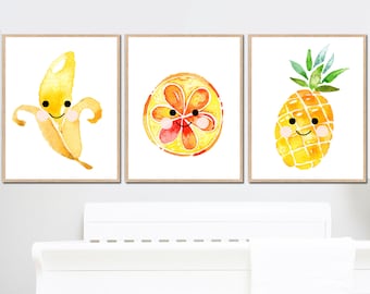 kawaii Fruit Modern Nursery Wall Art prints cute kitchen Decor ananas banana for Kids room set of 3 poster digital printable