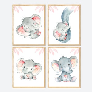 Impresión artística de elefante rosa y gris para niña, decoración de pared para guardería de bebé, póster imprimible para dormitorio infantil, juego de 4 imágenes digitales pequeñas