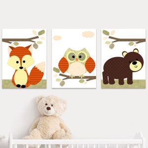 Poster per cameretta con animali del bosco, stampabile, per bambini, gufo, orso, volpe, decorazione per cameretta, set di 3 immagini digitali della foresta neutra, ragazzo e ragazza /