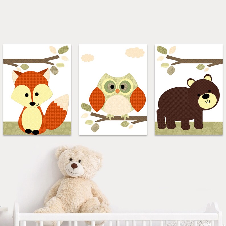 Woodland Animal Nursery Printable Kids Wall Art Owl Bear Fox Baby Room ...