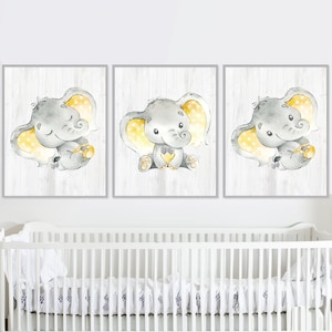 Genere neutro Stampa Baby boy Nursery Wall Art Decor Elefante Famiglia stampabile Camera per bambini set di 3 poster per bambini Immagini di bambini gialli grigi