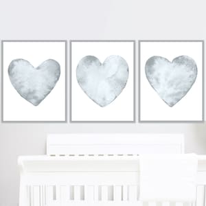Corazones grises imprimen neutral vivero pared decoración bebé niño niña dormitorio arte niños niño cartel imágenes digitales conjunto de 3 género acuarela regalo
