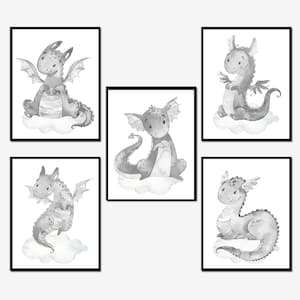 Set di 5 stampe artistiche per la cameretta dei bambini con drago di genere neutro, decorazione da parete per la stanza dei bambini, poster per bambine, immagini digitali grigie stampabili per bambini
