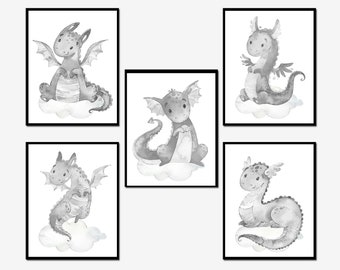 Gender Neutral Dragon Baby Boy Nursery Art Print Kids Room Wall Decor set of 5 Poster Printable childrens gray