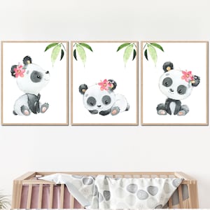 Impressions d'art panda, décoration murale pour chambre d'enfant, décoration murale pour chambre d'enfant, lot de 3 affiches pour enfants, fleurs, impression numérique