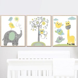 Poster per cameretta dei bambini, stampa neutra per bambini, decorazione da parete per camera da letto, elefante, giraffa, gufo, set di 3 poster con albero, verde, grigio, immagine digitale per bambini /