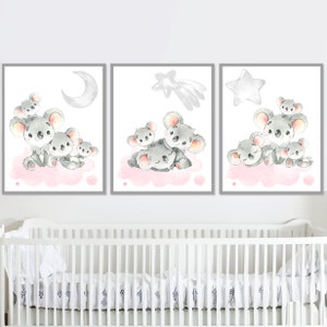 Koala imprime bebé niña vivero pared decoración dormitorio cartel niños arte para niños habitación animales australianos imprimible conjunto digital de 3 imágenes