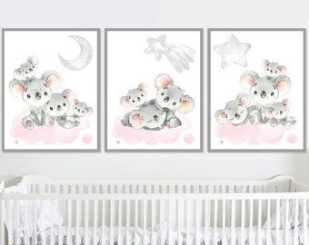 Koala Prints Baby Girl Nursery Wall Decor Bedroom Poster Children Art for kids room Australian animals Printable Digital set of 3 pictures