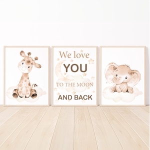 Pósteres con citas neutras para pared de guardería de bebés, niños y niñas, impresión para dormitorio infantil, elefante, te amamos hasta la luna y más allá, juego de 3 unidades en color beige