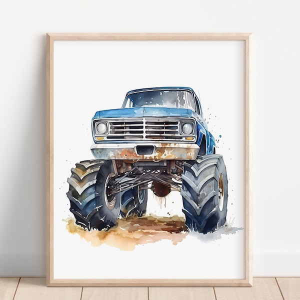 Monster Trucks Printable Wall Decor Digger Poster Boys Kids Bedroom Art Child Transportation Watercolor for digital gift instant download