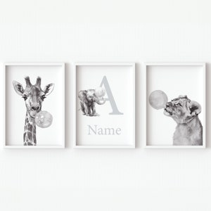 Animali Safari che soffiano nome personalizzato Bubble Gum Iniziale personalizzato Baby Girl Room Boy Nursery Art Stampabile Set di 3 per bambino neutro Digitale