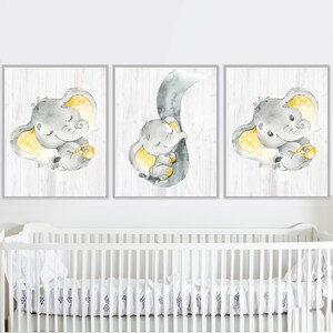Baby Boy Girl Neutral Nursery Wall Decor Elefante Stampe d'arte Sala giochi per bambini set di 3 Poster Bambini stampabili Giallo Grigio Genere regalo su tela