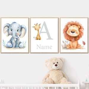 Decoración de pared neutra habitación de bebé cartel infantil Safari impresión arte beige pastel nombre personalizado vivero personalizado conjunto de 3 jirafa elefante león