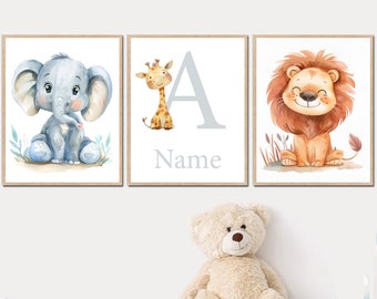 Neutral Wall Decoration Baby Room Child Poster Safari Print art Beige Pastel Personalized Name Custom Nursery set of 3 Giraffe elephant lion