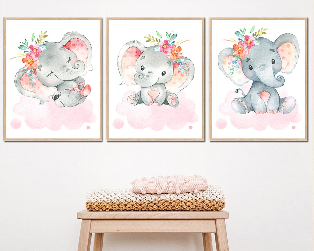 Pink Gray Baby Elephant Wall Decor Girl Nursery Art Kids - Etsy