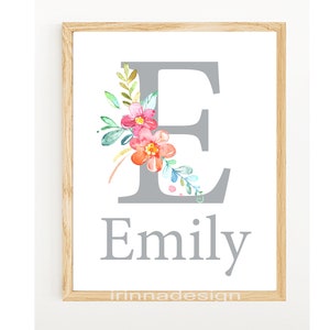 Cartel con nombre de bebé personalizado para niña, arte infantil para guardería, letra inicial floral, imprimible, decoración de pared personalizada para niños