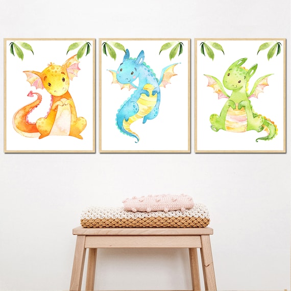 Baby Boy Nursery Wall Decor Dragon art Prints Kids Room Child set of 3 pictures watercolor Canvas Printable Digital Gift little toddler