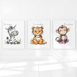 Stampa artistica da parete Safari Animal Nursery Decor Citazione ispiratrice Sii unico, sii viurio, sii impavido, set di 3 zebre tigre scimmia ragazzo ragazza camera