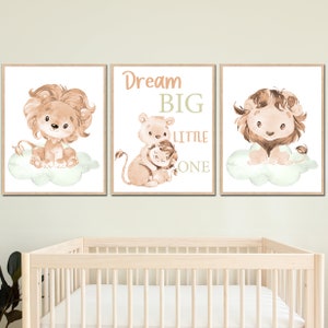 Neutro Nursery Room Wall Decor Citazione Stampa artistica Baby Lion Bambino Bambini set di 3 Dream Big Little One Digital Gender immagine beige verde oliva