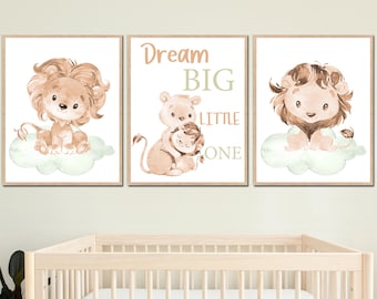 Neutral Nursery Room Wall Decor Quote Art Print Baby Lion Child Kids set of 3 Dream Big Little One Digital Gender beige olive green