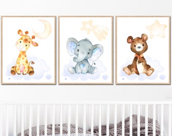 Baby Animals Art Printable Boy Nursery Poster Children Wall Decor Kids Room set of 3 Giraffe Elephant Bear digital Star moon safari