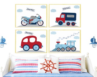 Train Car Baby Boy Nursery Wall Decor Lorry Children Art Print Kids Bedroom Transportation set of 4 canvas Navy Blue Gray Red