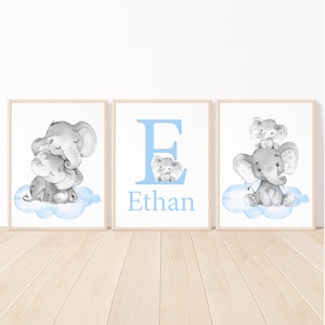 Decorazione murale elefante Stampe iniziali personalizzate per bambini con nome per bambini Arte per la cameretta dei bambini Set di 3 immagini blu grigio Tela